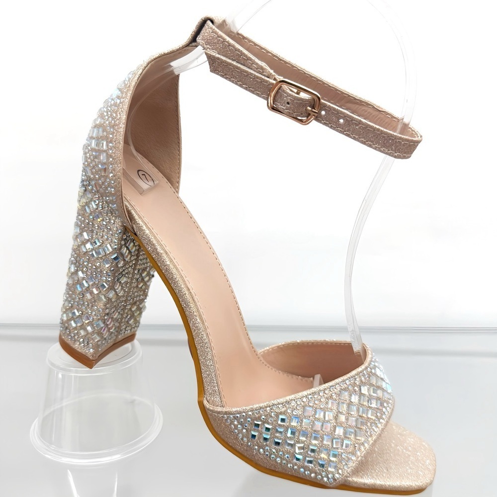 Champagne Rhinestones Open Toe Heels